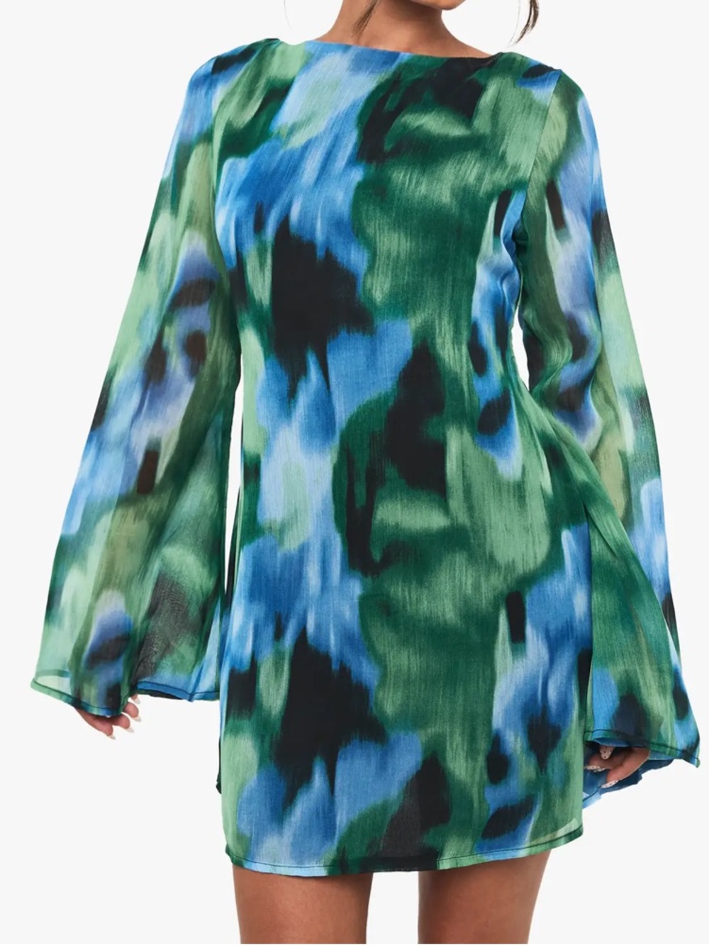 Boohoo Green & Blue Abstract Print Chiffon Flare Sleeve Mini Dress